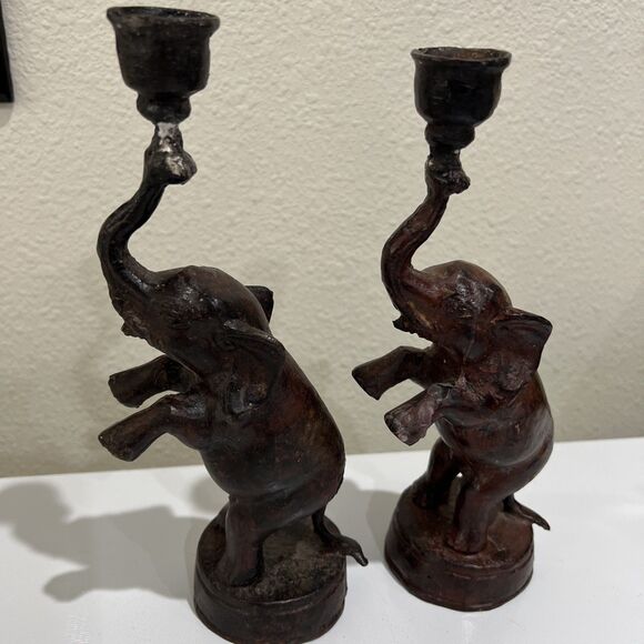 Vintage Cast Metal Elephant PAIR Candle Holder Trunk Up Good Luck Rearing - Picture 6 of 14